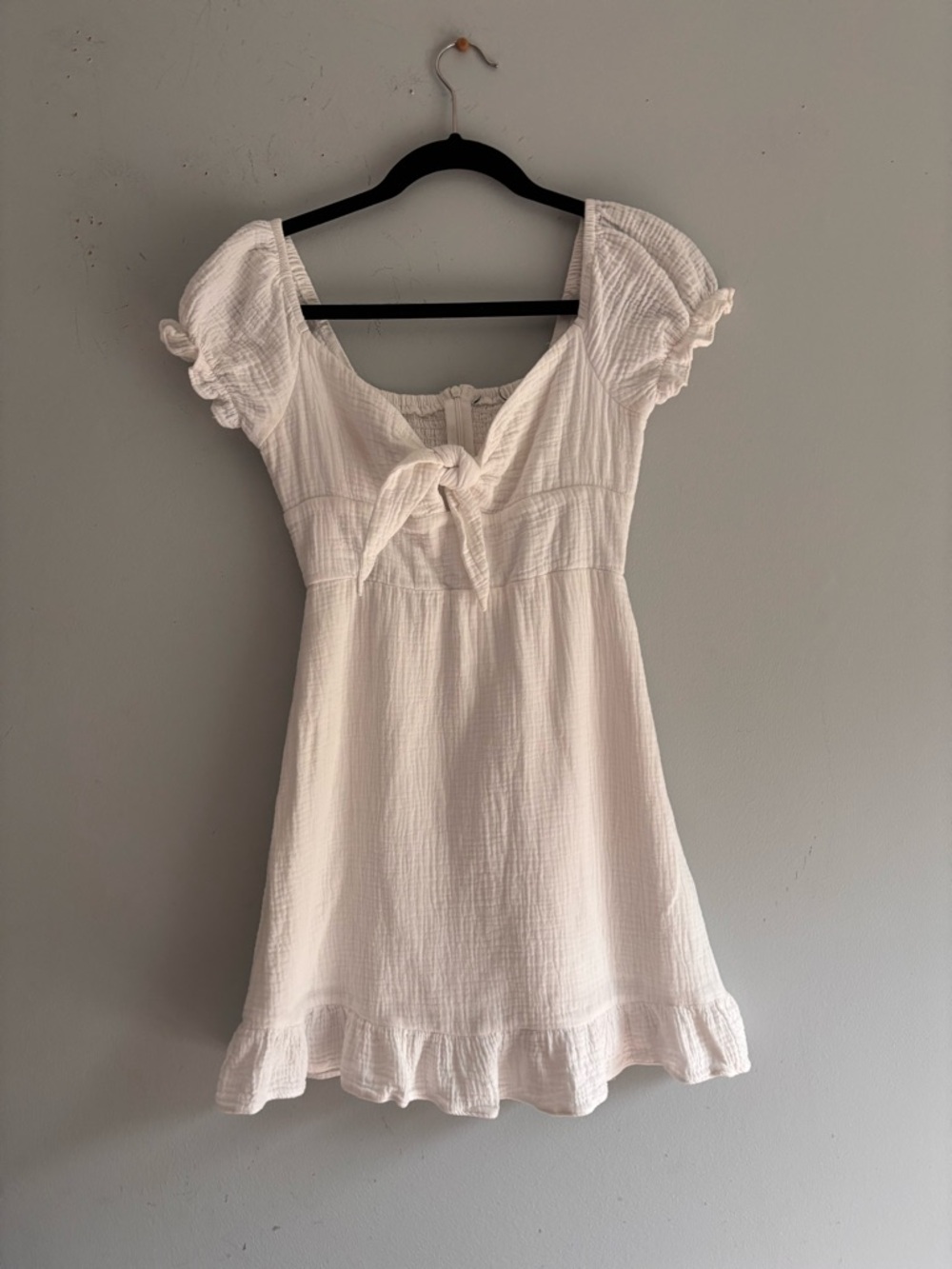 White Cottagecore Gauze Mini Dress Puff Sleeve Tie Front Boho
